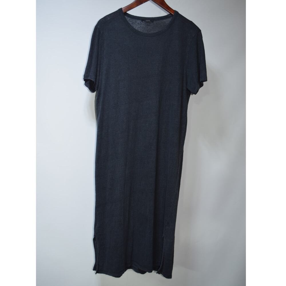 COS 100% Linen Charcoal Gray Short Sleeve Midi T-Shirt Dress Size L
